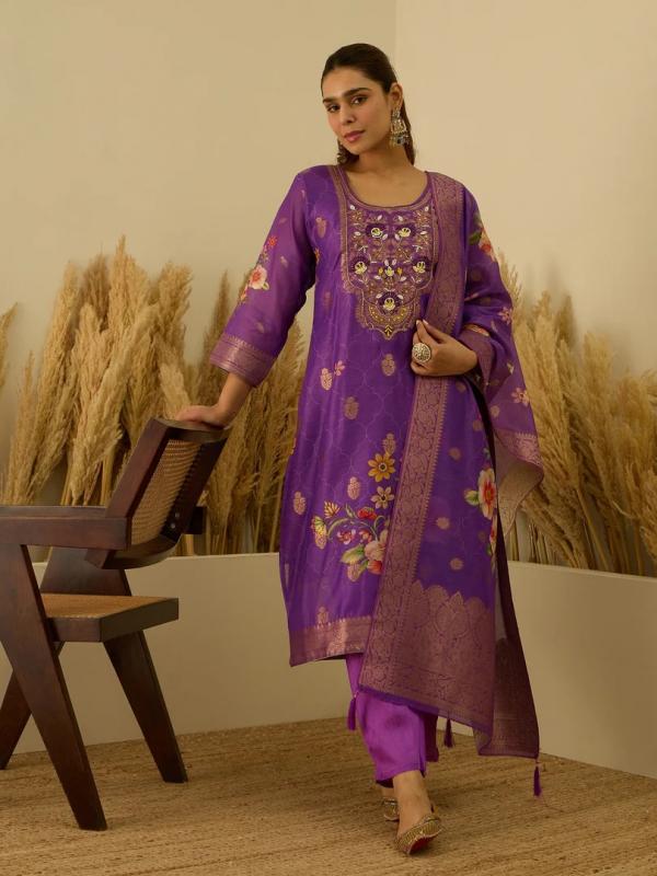 VP 9727 P Silk Blend Embroidered Straight Kurta Set with Trousers & Dupatta